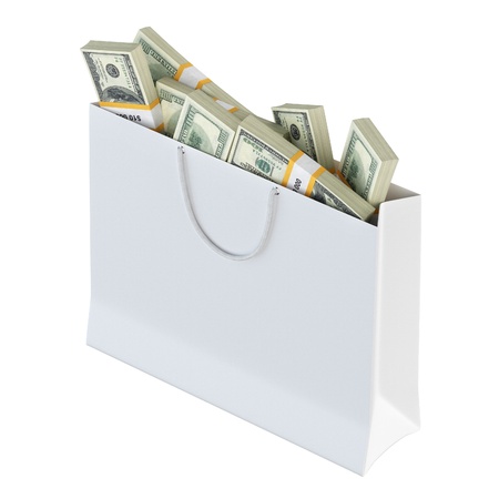 White paper bag full of money  isolated on white background version 1  の写真素材