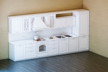 Classic White Kitchen Cabinet With Parquet Floorの写真素材