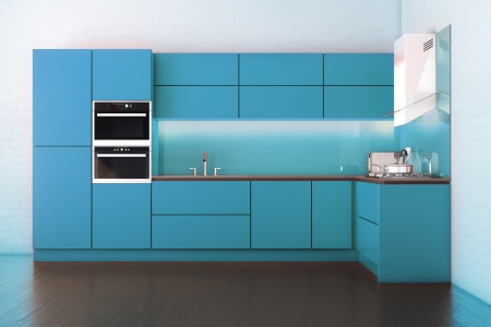 Electric Blue Hi-Tech Luxury Kitchen Cabinetの写真素材