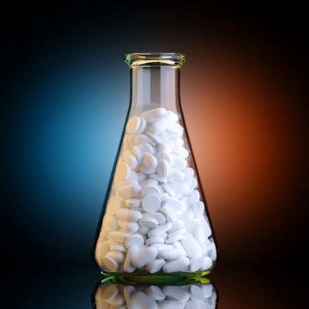 Chemical Laboratory Glassware Full Of Pills On Artistic Backgroundの写真素材