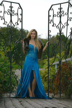 beautiful blond girl standing on the bridge in the park  の写真素材