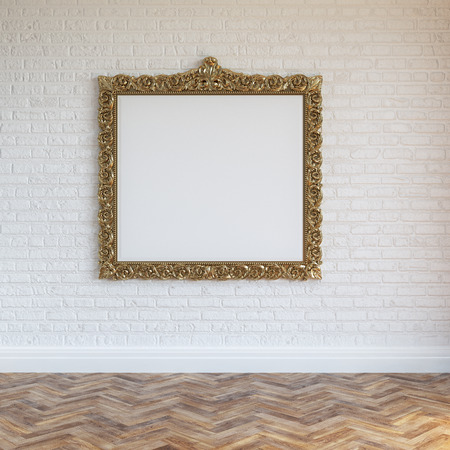White Walls Brick Interior With Golden Carved Frame And Hardwoodの写真素材