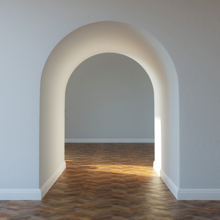 Beautiful home entrance with wood floor  interior with arch の写真素材
