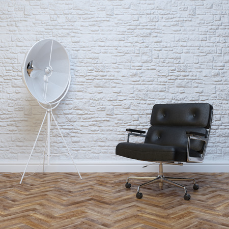 White Brick Wall Interior With Black Leather Office Armchair With Lightingの写真素材