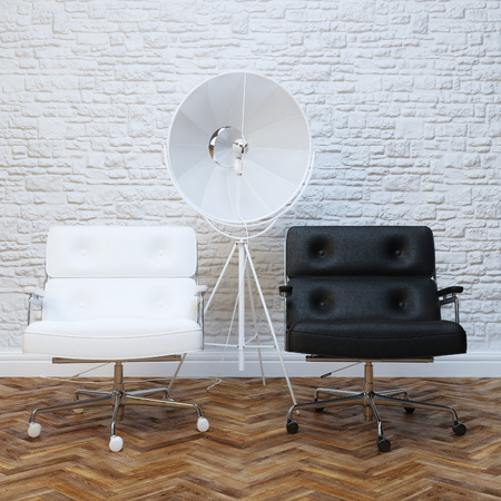 White Brick Wall Office Interior With Two Leather Armchairs Version With Lightingの写真素材