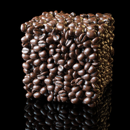 Square made of roasted coffee beans on black backgroundの写真素材