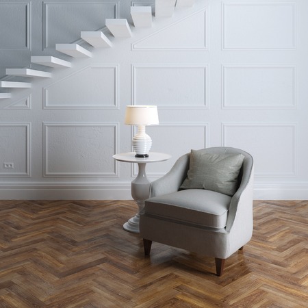 Cozy classic style and grey textile armchair and stairsの写真素材