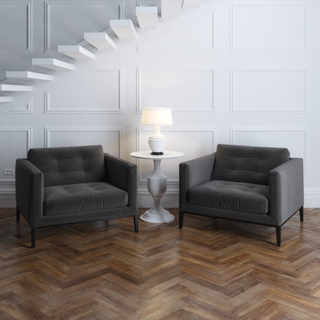 Stylish classic armchairs in luxury interior with stairsの写真素材