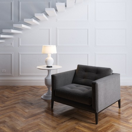 Luxury interior design with dark grey armchair and stairsの写真素材