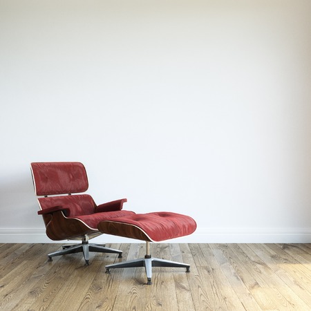Modern Red Velvet Armchair With Ottoman In White Wall Interiorの写真素材