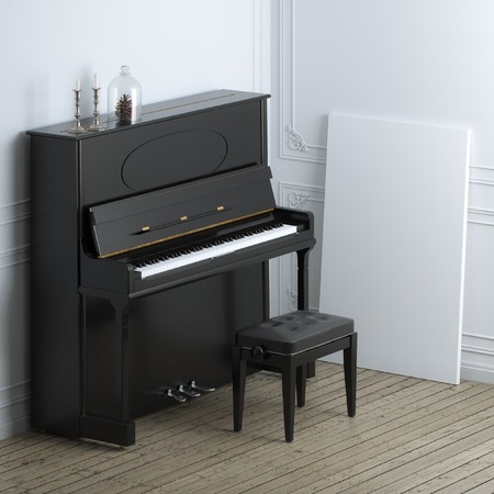 Retro black piano with empty frame in classic interiorの写真素材