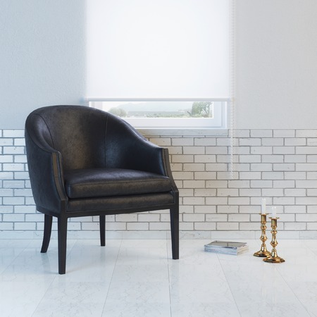 Black leather armchair in minimalist interior designの写真素材