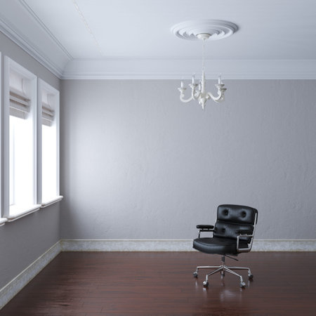New empty white interior with leather armchair and chandelier