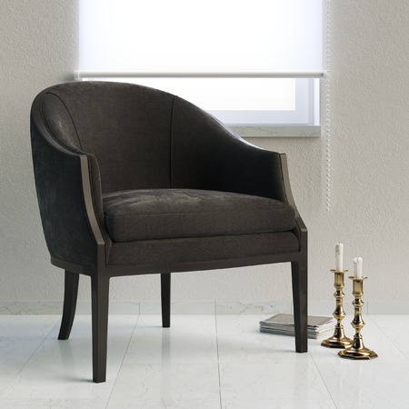 Luxury leather armchair and candelabra in white roomの写真素材