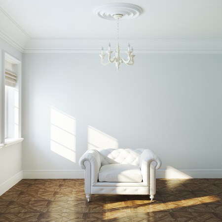 Vintage white armchair in empty interior design with chandelierの写真素材