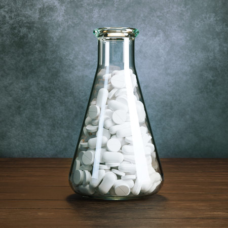 Erlenmeyer flask full of pills or tablets behind old grey wallの写真素材