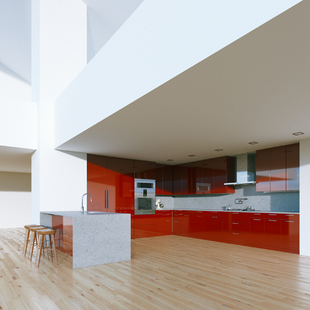 New decorated contemporary red Kitchen in luxury big home . 3D renderの写真素材