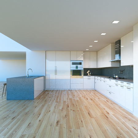 New decorated contemporary white Kitchen in luxury big home . 3D renderの写真素材