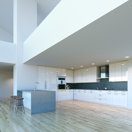 New decorated contemporary white Kitchen in luxury big interior . 3D renderの写真素材