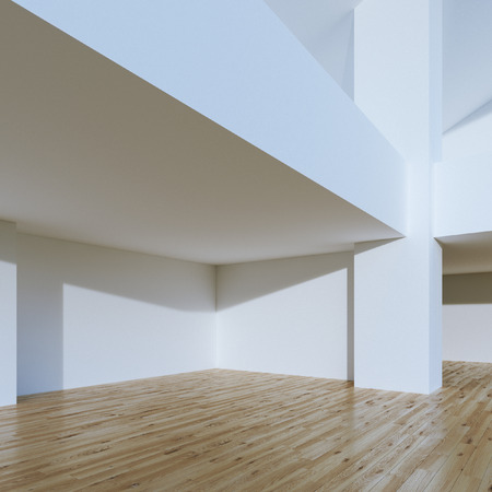 Big empty white office interior with wood floor. 3d renderの写真素材