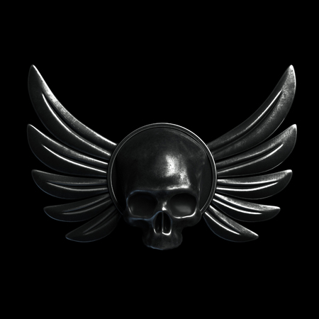 Vintage Biker Skull with metal Wings on black background. 3d renderの写真素材