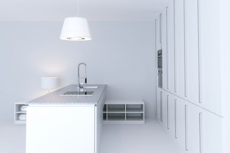White hi-tech kitchen interior design. Close-up. 3d renderの写真素材