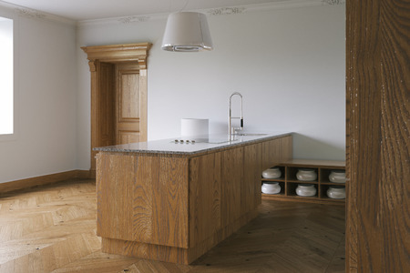 Wooden kitchen design with hardwood flooring. 3d renderの写真素材