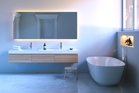 Luxury bathroom with window and marble floor. 3d render.の写真素材