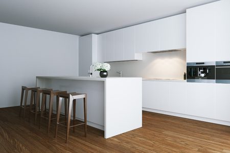 3d render white contemporary kitchen in big houseの写真素材