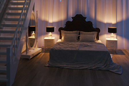 Bedroom night light interior 3d renderの写真素材