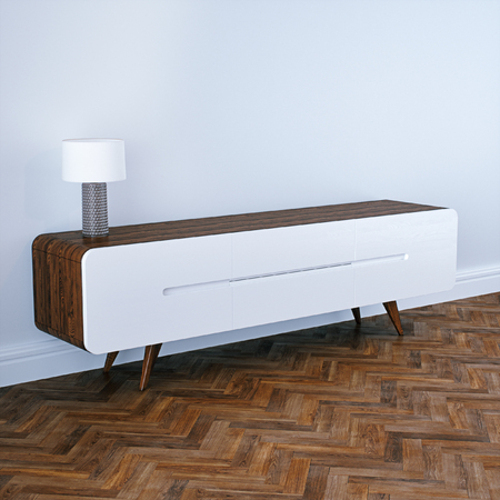 Mid century modern wooden tv stand in white classic interior with wooden floor 3D renderの写真素材