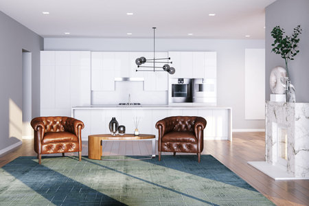 Spacious villa white interior with contemporary kitchen furniture, vintage armchairs and fireplace...
