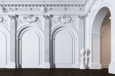 Big white classic interior museum hall with vintage leather armchair 3d renderの写真素材