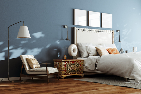 Cozy modern bedroom with lounge chair and floor lamp. 3d renderの写真素材