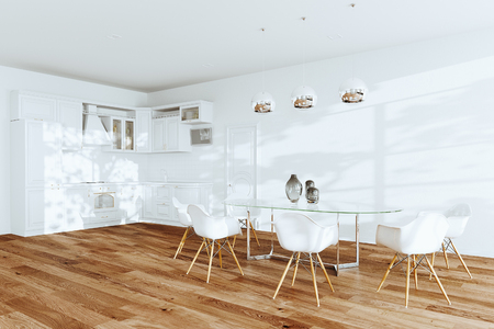 White dining room and classic kitchen interior 3d renderの写真素材