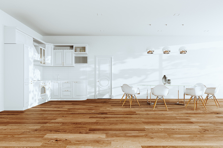 White classic kitchen interior and dining 3d renderの写真素材
