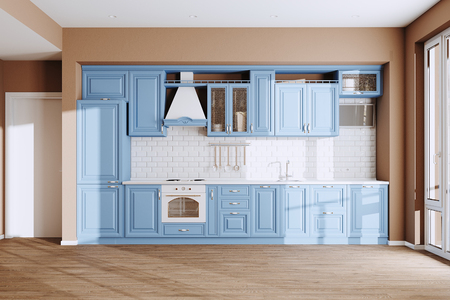Beautiful Blue Classic Kitchen in new Luxury Home with  Hardwood Floors, and Vintage Appliances 3d renderの写真素材