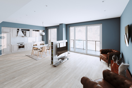 Beautiful Classic Kitchen and Living Room in new Luxury Home with  Hardwood Floors, and Stainless Steel Appliances 3d renderの写真素材