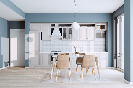 Beautiful Classic Kitchen in new Luxury Home with  Hardwood Floors, and Stainless Steel Appliances 3d renderの写真素材