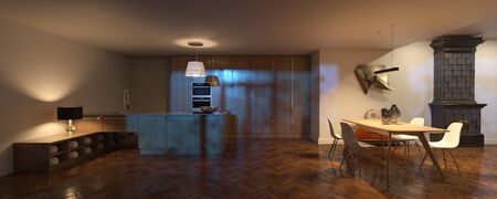 Scandinavian interior with wood kitchen and dining room and vintage fireplace night time 3d renderの写真素材