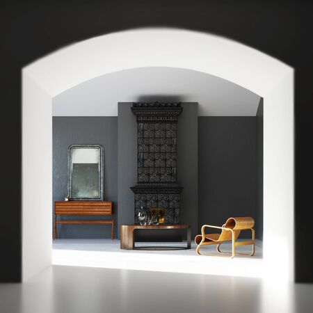 New White Living Room with Arc and vintage fireplace and plywood armchair 3d renderの写真素材
