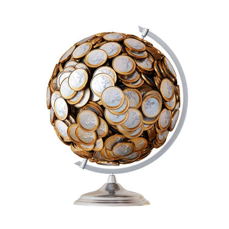 Finance Globe Money Coins Isolated on White Backgroundの写真素材