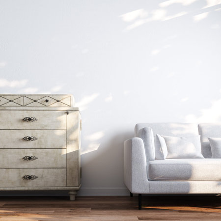 White room interior with sofa and vintage style commode 3d render