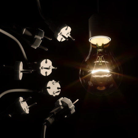 Energy crisis electric light bulb and plugs in the dark 3d render