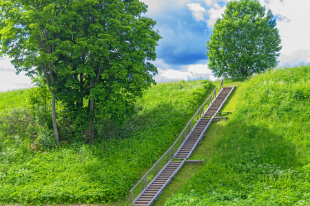 Landscape of the middle-Russian strip. Green grass, deciduous trees, clouds in the sky, a river or a lakeの写真素材