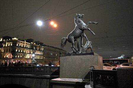 St.Petersburg, Russia - December 18, 2018: Monument The Horse Tamers on Anichkov bridge, designed by the Russian sculptor Peter Klodtのeditorial素材