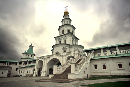 View of the white stone tower New Jerusalem monastery in Istra, Moscow oblast, Russiaのeditorial素材