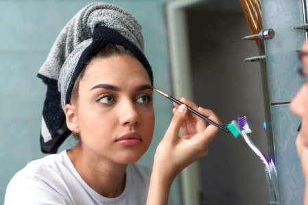 Beautiful young girl is painting in front of the mirror after a shower, morning make-upの写真素材