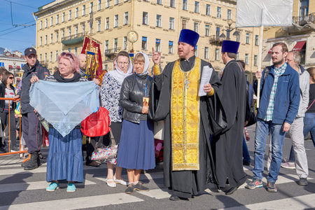 SAINT PETERSBURG, RUSSIA - September 12, 2019: Preparations for a religious procession, columns of...