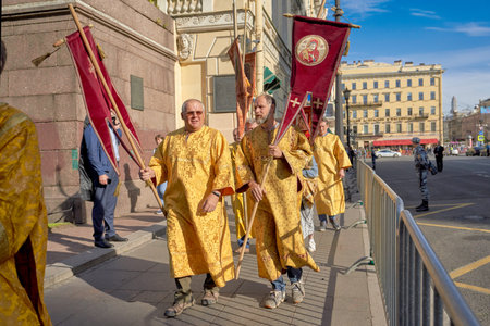 ST. PETERSBURG, RUSSIA - September 12, 2019: Preparing for a religious procession, believers with...